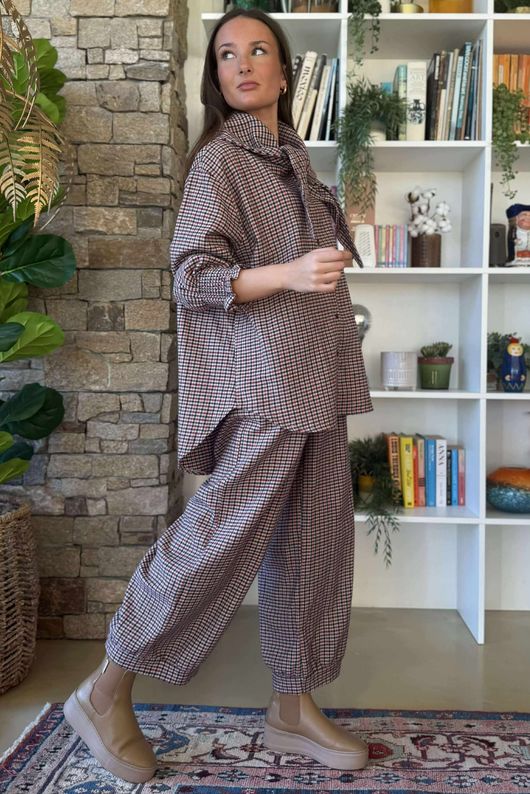 Donald Plaid Brushed Cotton Neckerchief Blouse Blackberry